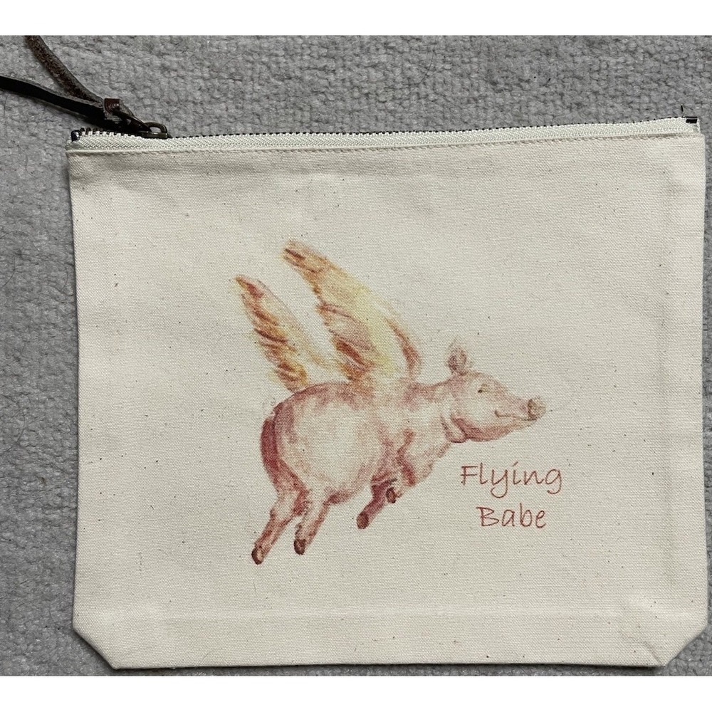 French Graffiti Canvas Cotton Make Up Bag Pink Pig Flying Babe 9"